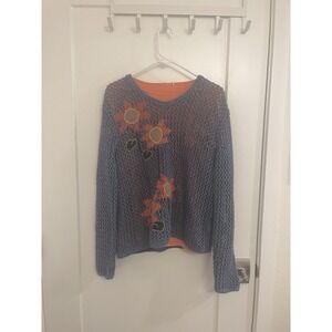 Vintage Y2K Knitted Sunflower Sweater Blue Orange Whimseygoth Fall Cottagecore